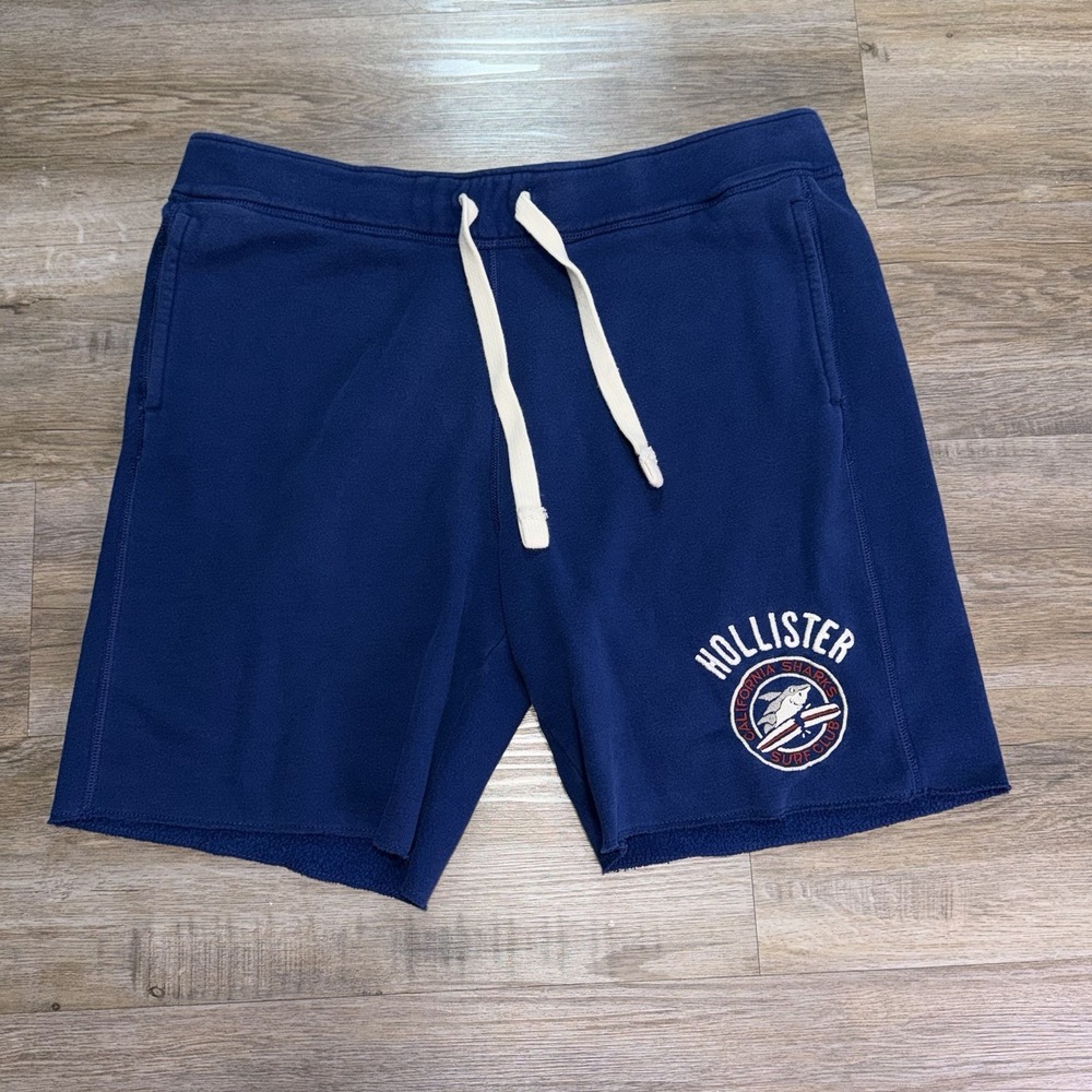 Y2K Hollister Navy Blue Fleece Sweat Shorts Mens XL California Sharks Graphic